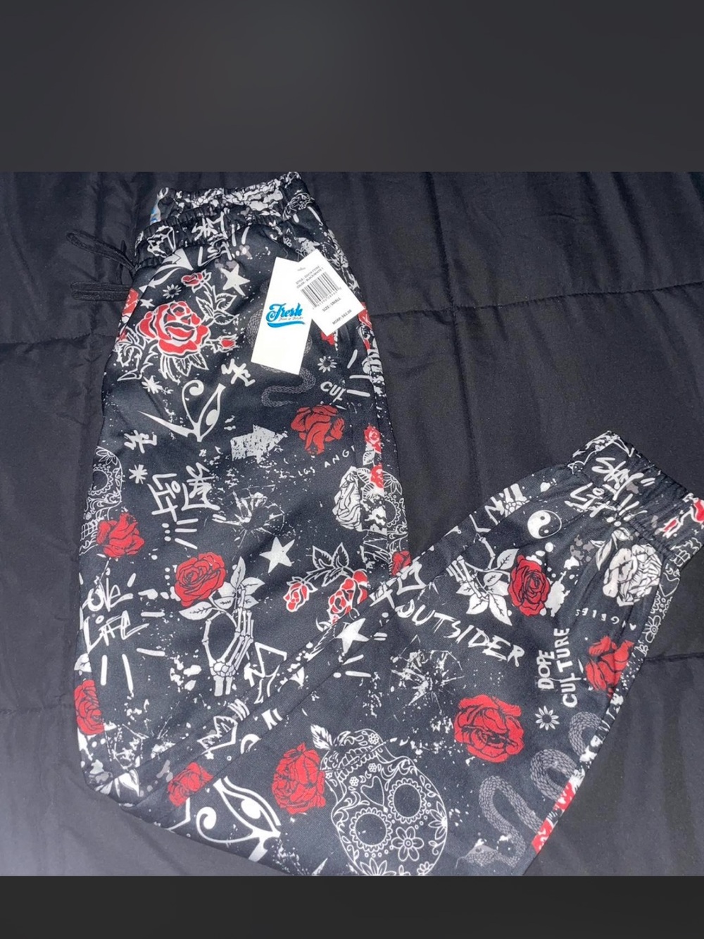 fresh Black Graphic Jogger Pants with Red & White Rose Print